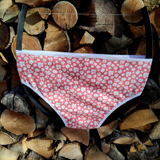 Culotte rigolote Taille 46 - Fleurs blanches cœurs dorés sur fond corail