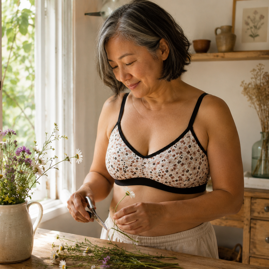 Brassière légère artisanale taille L semis de fleurs roses et marron sur fond écru, bordures noires