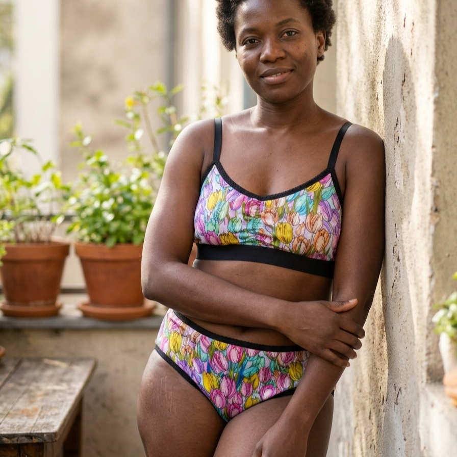 Ensemble Tulipes en liberté — brassière L et culotte taille haute 42 à motif tulipes multicolores rose, violet, jaune et orangé sur fond blanc, finitions noires, création artisanale Grosse Patate Création